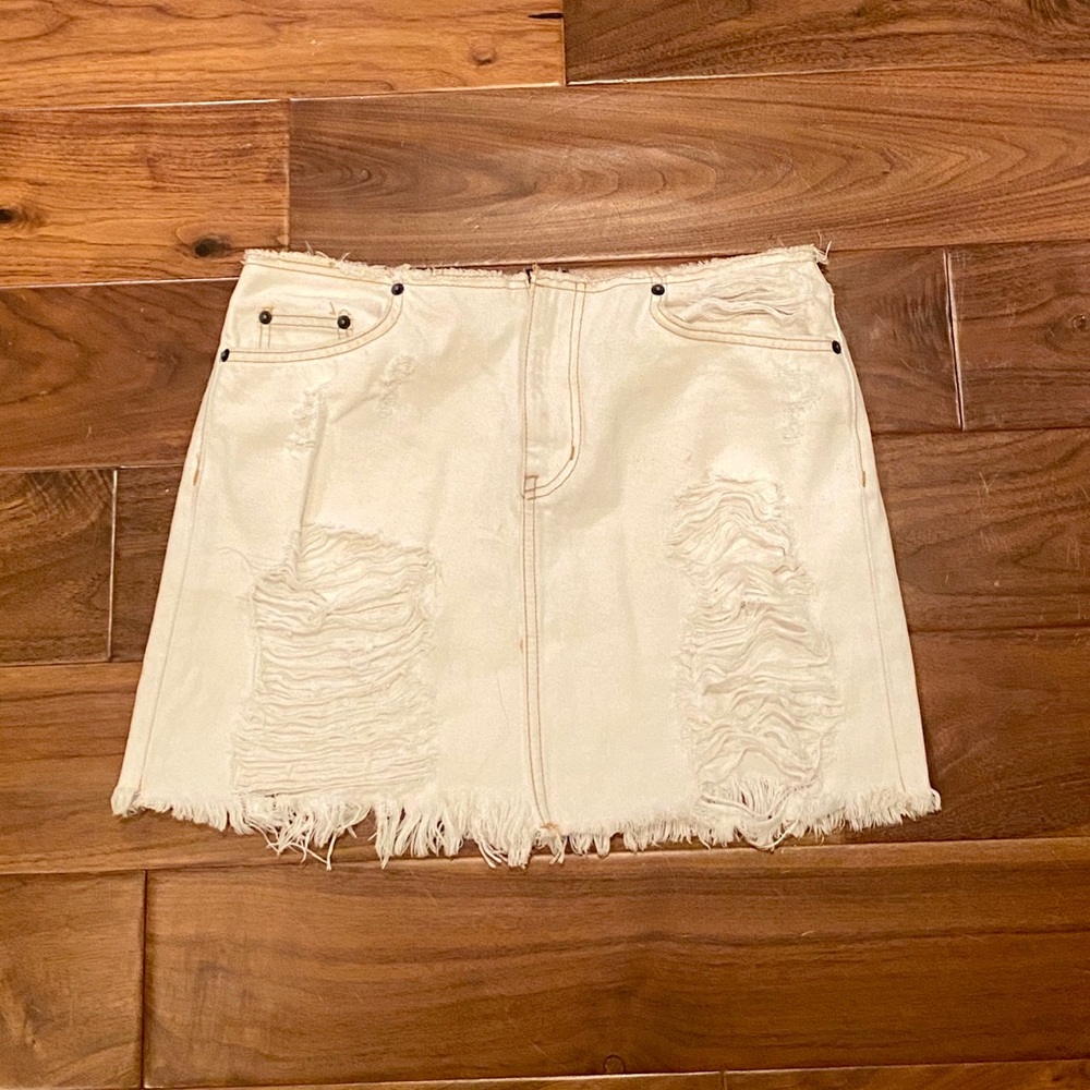 LF Carmar Raw Hem Distressed White Jean Skirt